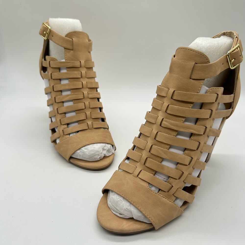 Delicious Sandal Womens 10 Tan Cage Coned Heeled Ankle Strappy Sandal NEW